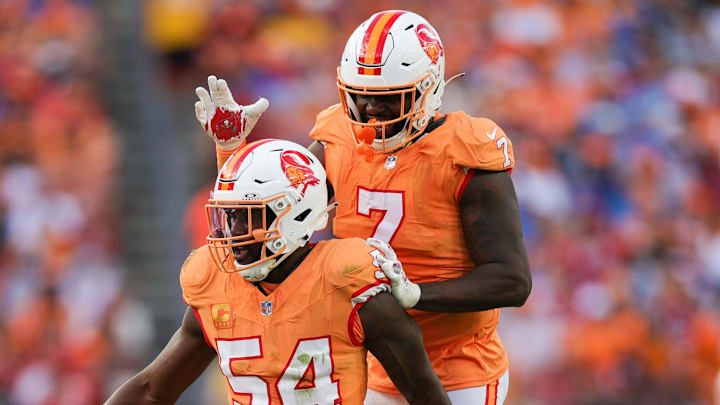 Oct 15, 2023; Tampa, Florida, USA; Tampa Bay Buccaneers linebacker Lavonte David (54) celebrates with linebacker Shaquil Barrett (7) after sacking Detroit Lions quarterback Jared Goff (16) (not pictured) in the second quarter at Raymond James Stadium. Mandatory Credit: Nathan Ray Seebeck-Imagn Images Oct 15, 2023; Tampa, Florida, USA; Tampa Bay Buccaneers linebacker Lavonte David (54) celebrates with linebacker Shaquil Barrett (7) after sacking Detroit Lions quarterback Jared Goff (16) (not pictured) in the second quarter at Raymond James Stadium. Mandatory Credit: Nathan Ray Seebeck-Imagn Images