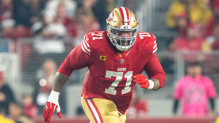 November 24, 2025; Santa Clara, California, USA; San Francisco 49ers offensive tackle Trent Williams (71) during the first quarter against the Carolina Panthers at Levi's Stadium. Mandatory Credit: Kyle Terada-Imagn Images