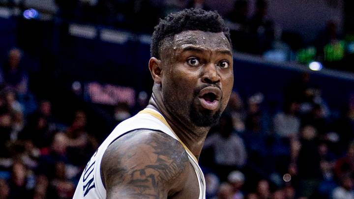 Feb 25, 2025; New Orleans, Louisiana, USA;  New Orleans Pelicans forward Zion Williamson (1) reacts to a play against the San Antonio Spurs during the first half at Smoothie King Center. Mandatory Credit: Stephen Lew-Imagn Images