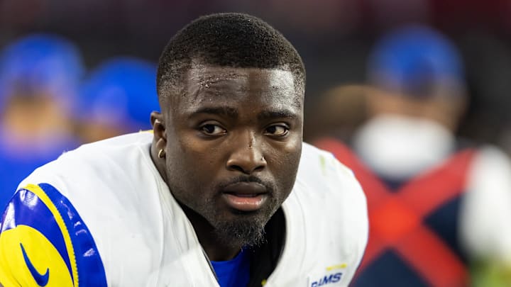 Dec 7, 2025; Glendale, Arizona, USA; Los Angeles Rams linebacker Byron Young (0) against the Arizona Cardinals at State Farm Stadium. Mandatory Credit: Mark J. Rebilas-Imagn Images
