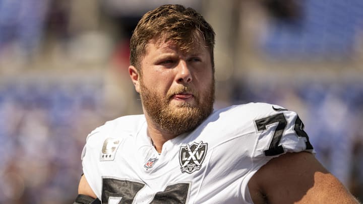 Sep 15, 2024; Baltimore, Maryland, USA;  Las Vegas Raiders offensive tackle Kolton Miller (74) before the game against the Baltimore Ravens at M&T Bank Stadium. Mandatory Credit: Tommy Gilligan-Imagn Images