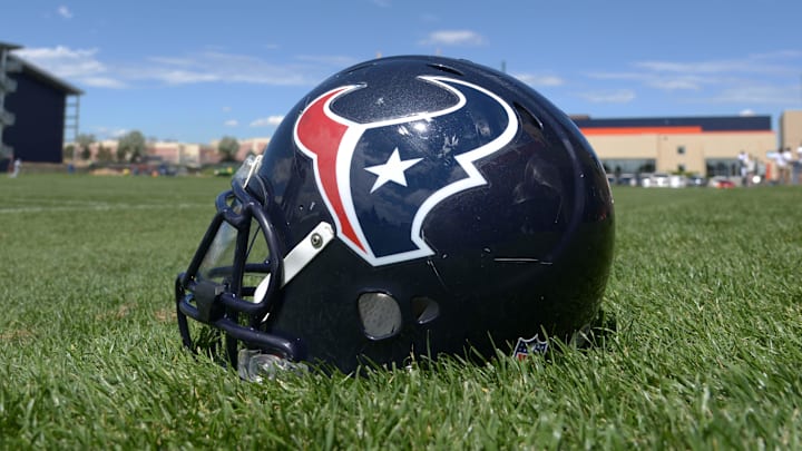 Aug 20, 2014; Englewood, CO, USA; General view of Houston Texans helmet during scrimmage against the Denver Broncos at the Broncos Headquarters. Mandatory Credit: Kirby Lee-Imagn Images