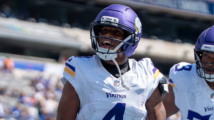 Minnesota Vikings wide receiver Myles Price (4) celebrates after scoring a touchdown during a preseason opening game between the New York Giants and Minnesota Vikings on Saturday, Aug. 15, 2026, at MetLife Stadium in East Rutherford, NJ.