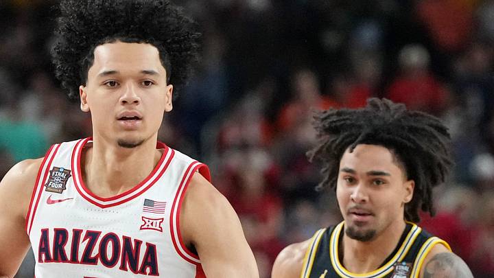 Apr 4, 2026; Indianapolis, IN, USA; Arizona Wildcats guard Brayden Burries (5) dribbles the ball against the Michigan Wolverines during a semifinal of the Final Four of the men's 2026 NCAA Tournament at Lucas Oil Stadium. Mandatory Credit: Bob Donnan-Imagn Images