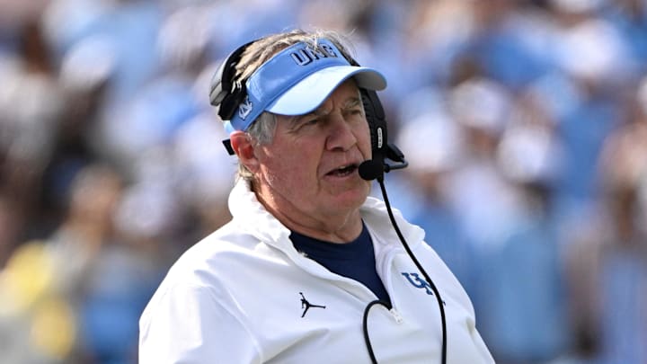Sep 13, 2025; Chapel Hill, North Carolina, USA; North Carolina Tar Heels head coach Bill Belichick on the sidelines in the second quarter at Kenan Stadium. Mandatory Credit: Bob Donnan-Imagn Images Sep 13, 2025; Chapel Hill, North Carolina, USA; North Carolina Tar Heels head coach Bill Belichick on the sidelines in the second quarter at Kenan Stadium. Mandatory Credit: Bob Donnan-Imagn Images