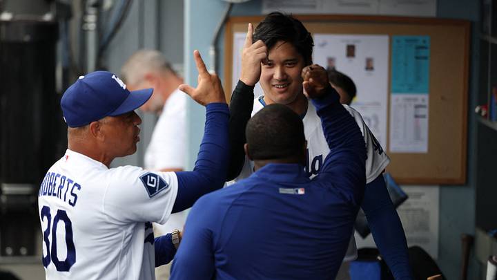 Los Angeles Dodgers designated hitter Shohei Ohtani (17) gestures in the dugout with manager Dave Roberts (30) before a game against the Cincinnati Reds at Dodger Stadium on Sept. 7, 2026. Los Angeles Dodgers designated hitter Shohei Ohtani (17) gestures in the dugout with manager Dave Roberts (30) before a game against the Cincinnati Reds at Dodger Stadium on Sept. 7, 2026.