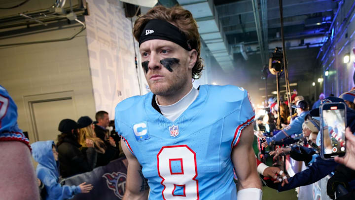 Tennessee Titans quarterback Will Levis (8) prepares to take the field before the game against the Houston Texans at Nissan Stadium in Nashville, Tenn., Sunday, Jan. 5, 2025.