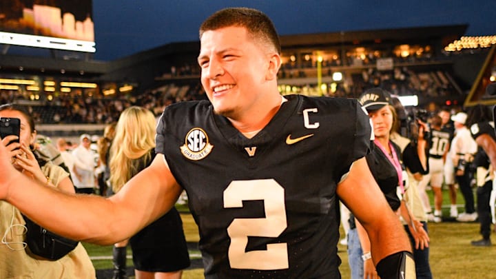 Vanderbilt Commodores quarterback Diego Pavia celebrates the win against the Missouri Tigers during the second half at FirstBank Stadium. 
