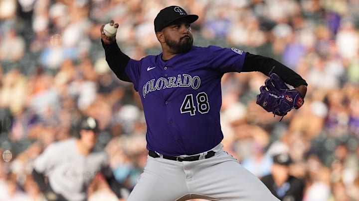 Jul 5, 2025; Denver, Colorado, USA; Colorado Rockies relief pitcher German Marquez (48) delivers a pitch in the second inning against the Chicago White Sox at Coors Field