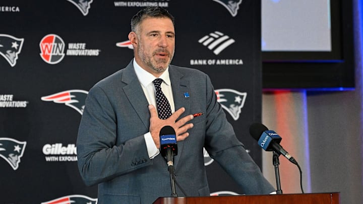 Jan 13, 2025; Foxborough, MA, USA; Mike Vrabel addresses media at a press conference to announce his hiring as the head coach of the New England Patriots at Gillette Stadium. Mandatory Credit: Eric Canha-Imagn Images