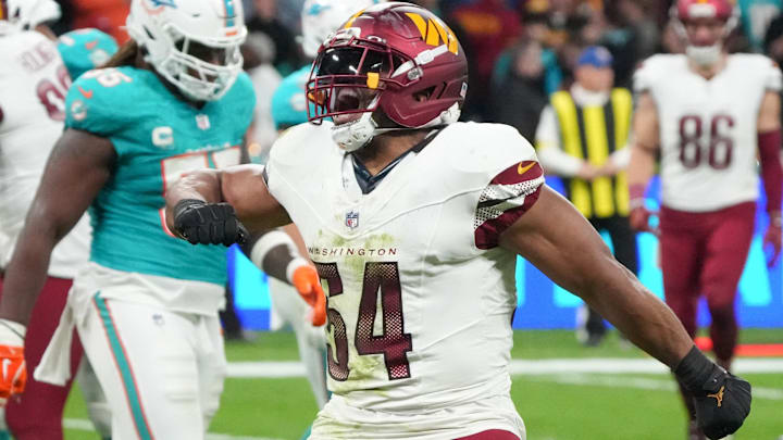 Washington Commanders linebacker Bobby Wagner reacts after a play against the Miami Dolphins.