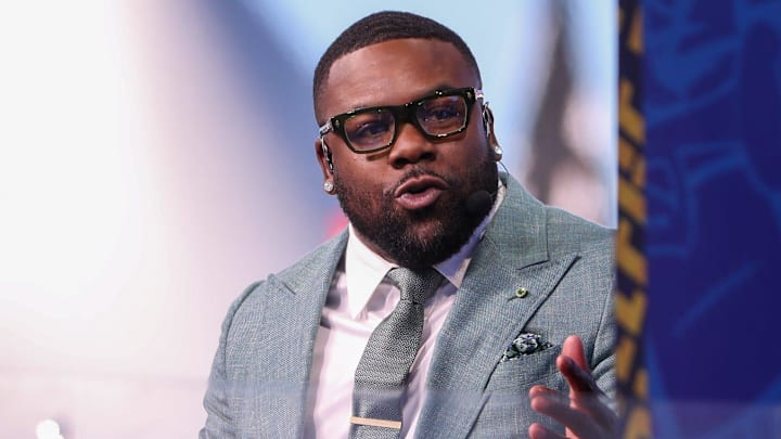 Panelists Brady Quinn (left) and Mark Ingram speak during FOX's Big Noon Kickoff football pregame show at Texas Tech University, Saturday, November 9, 2024 at Jones AT&T Stadium.