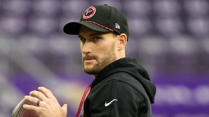 Dec 8, 2024; Minneapolis, Minnesota, USA; Atlanta Falcons quarterback Kirk Cousins (18) warms up before the game against the Minnesota Vikings at U.S. Bank Stadium. Mandatory Credit: Matt Krohn-Imagn Images