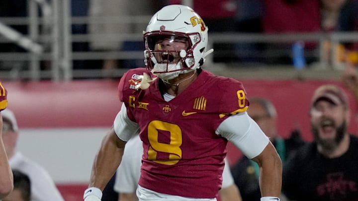 Dec 29, 2021; Orlando, Florida, USA; Iowa State Cyclones wide receiver Xavier Hutchinson (8) reacts after a reception against the Clemson Tigers during the first half of the 2021 Cheez-It Bowl at Camping World Stadium. Mandatory Credit: Jasen Vinlove-Imagn Images