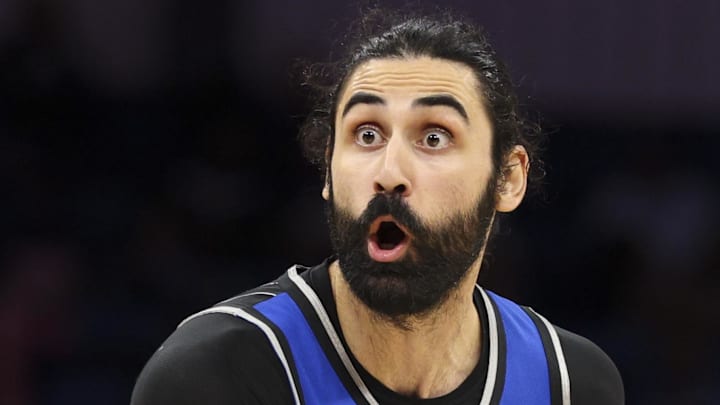 Apr 1, 2026; Orlando, Florida, USA; Orlando Magic center Goga Bitadze (35) controls the ball against the Atlanta Hawks in the fourth quarter at Kia Center. Mandatory Credit: Nathan Ray Seebeck-Imagn Images