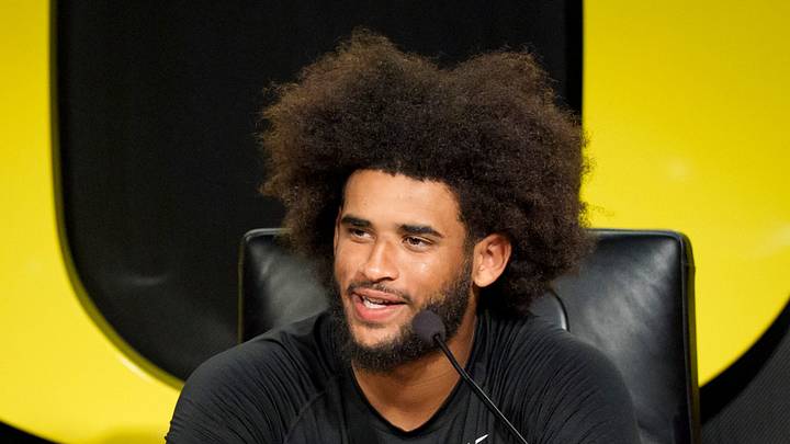 Oregon quarterback Dante Moore speaks during a press conference on Aug. 18, 2026, at the Hatfield-Dowlin Complex in Eugene, Oregon. Oregon quarterback Dante Moore speaks during a press conference on Aug. 18, 2026, at the Hatfield-Dowlin Complex in Eugene, Oregon.