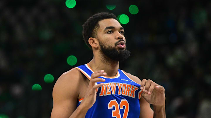 Oct 28, 2025; Milwaukee, Wisconsin, USA;  New York Knicks center Karl-Anthony Towns (32) gestures before game against the Milwaukee Bucks at Fiserv Forum. Mandatory Credit: Benny Sieu-Imagn Images