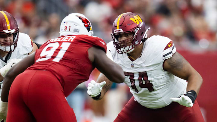 Sep 29, 2024; Glendale, Arizona, USA; Washington Commanders offensive tackle Brandon Coleman (74) against the Arizona Cardinals at State Farm Stadium. Mandatory Credit: Mark J. Rebilas-Imagn Images Sep 29, 2024; Glendale, Arizona, USA; Washington Commanders offensive tackle Brandon Coleman (74) against the Arizona Cardinals at State Farm Stadium. Mandatory Credit: Mark J. Rebilas-Imagn Images