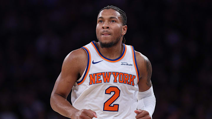 Jan 7, 2026; New York, New York, USA; New York Knicks guard Miles McBride (2) looks up after making a basket against the LA Clippers during the second half at Madison Square Garden. Mandatory Credit: Vincent Carchietta-Imagn Images