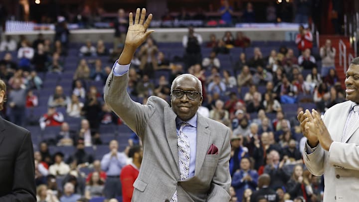Jan 28, 2016; Washington, DC, USA; (L-R) Former Washington Bullets/Wizards greats Terry Discharger, Earl "The Pearl" Monroe, and Bernard King are honored during a timeout on 'throwback night" against the Denver Nuggets at Verizon Center. The Nuggets won 117-113. Mandatory Credit: Geoff Burke-Imagn Images