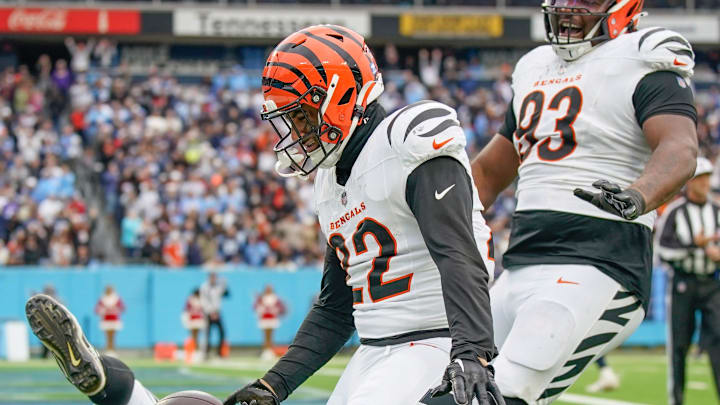Cincinnati Bengals safety Geno Stone (22) celebrates his touchdown off of an interception against the Tennessee Titans during the third quarter at Nissan Stadium in Nashville, Tenn., Sunday, Dec. 15, 2024. Cincinnati Bengals safety Geno Stone (22) celebrates his touchdown off of an interception against the Tennessee Titans during the third quarter at Nissan Stadium in Nashville, Tenn., Sunday, Dec. 15, 2024.