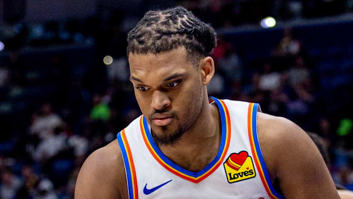 Apr 13, 2025; New Orleans, Louisiana, USA; Oklahoma City Thunder forward Dillon Jones (3) dribbles against the New Orleans Pelicans during the second half at Smoothie King Center. Mandatory Credit: Stephen Lew-Imagn Images Apr 13, 2025; New Orleans, Louisiana, USA; Oklahoma City Thunder forward Dillon Jones (3) dribbles against the New Orleans Pelicans during the second half at Smoothie King Center. Mandatory Credit: Stephen Lew-Imagn Images