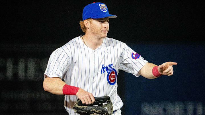 Iowa Cubs' Owen Caissie (17) makes his way to the dugout on Friday, March 28, 2025, at Principal Park in Des Moines.