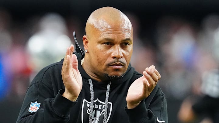 Sep 29, 2024; Paradise, Nevada, USA; Las Vegas Raiders head coach Antonio Pierce applauds the effort of his team against the Cleveland Browns during the third quarter at Allegiant Stadium. Mandatory Credit: Stephen R. Sylvanie-Imagn Images