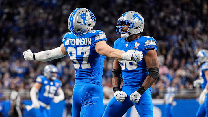 Detroit Lions defensive end Aidan Hutchinson (97) celebrates a sack against Pittsburgh Steelers with Al-Quadin Muhammad (96) Detroit Lions defensive end Aidan Hutchinson (97) celebrates a sack against Pittsburgh Steelers with Al-Quadin Muhammad (96)