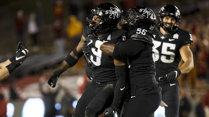 Oct 3, 2020; Ames, Iowa, USA; Iowa State defensive end Will McDonald IV (9) celebrates a sack during their football game at Jack Trice Stadium. Iowa State would go on to defeat Oklahoma 37-30. Mandatory Credit: Brian Powers-Imagn Images