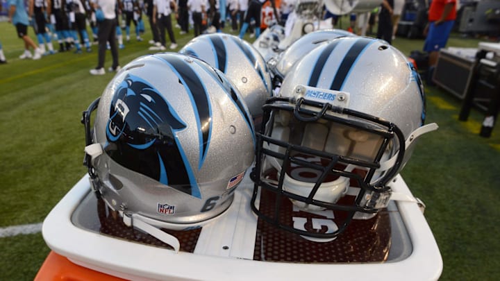 Aug 11, 2016; Baltimore, MD, USA; A general view of Carolina Panthers helmets before the game against the Baltimore Ravens at M&T Bank Stadium. Mandatory Credit: Tommy Gilligan-Imagn Images