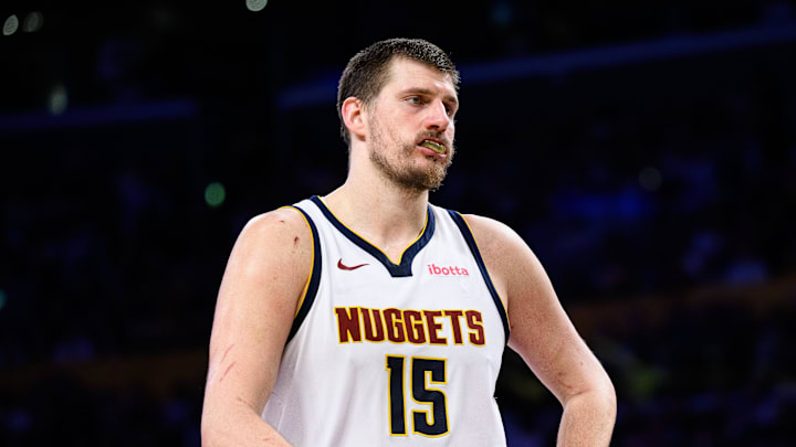 Mar 14, 2026; Los Angeles, California, USA; Denver Nuggets center Nikola Jokic (15) looks on during the first half against the Los Angeles Lakers at Crypto.com Arena. Mar 14, 2026; Los Angeles, California, USA; Denver Nuggets center Nikola Jokic (15) looks on during the first half against the Los Angeles Lakers at Crypto.com Arena.