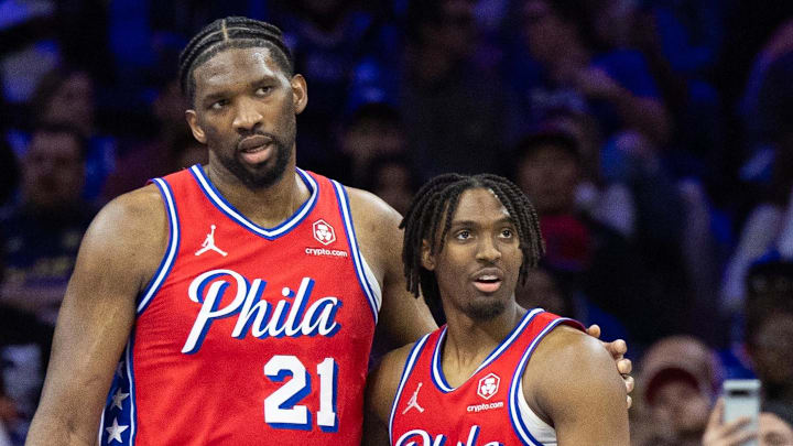Apr 12, 2024; Philadelphia, Pennsylvania, USA; Philadelphia 76ers center Joel Embiid (21) and guard Tyrese Maxey (0) stand together during a break in action in the fourth quarter against the Orlando Magic at Wells Fargo Center. Mandatory Credit: Bill Streicher-Imagn Images Apr 12, 2024; Philadelphia, Pennsylvania, USA; Philadelphia 76ers center Joel Embiid (21) and guard Tyrese Maxey (0) stand together during a break in action in the fourth quarter against the Orlando Magic at Wells Fargo Center. Mandatory Credit: Bill Streicher-Imagn Images
