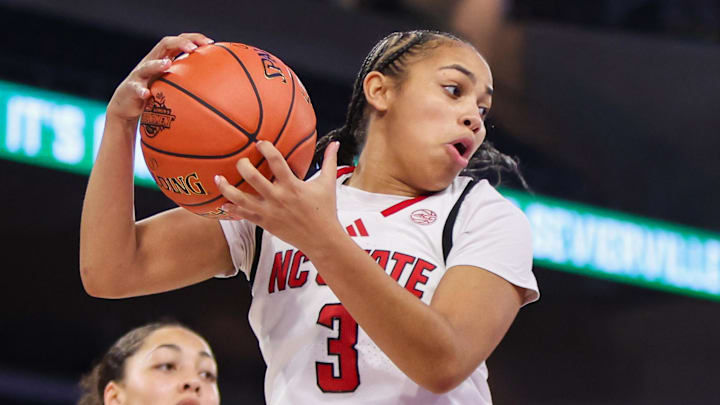 Mar 6, 2026; Duluth, GA, USA; North Carolina State Wolfpack guard Zamareya Jones (3) grabs a rebound against the Notre Dame Fighting Irish in the second quarter at Gas South Arena. Mandatory Credit: Brett Davis-Imagn Images Mar 6, 2026; Duluth, GA, USA; North Carolina State Wolfpack guard Zamareya Jones (3) grabs a rebound against the Notre Dame Fighting Irish in the second quarter at Gas South Arena. Mandatory Credit: Brett Davis-Imagn Images