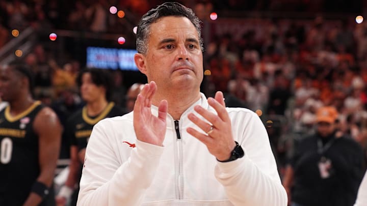Texas Longhorns head coach Sean Miller celebrates a win against the Vanderbilt Commodores during the second half at Moody Center.