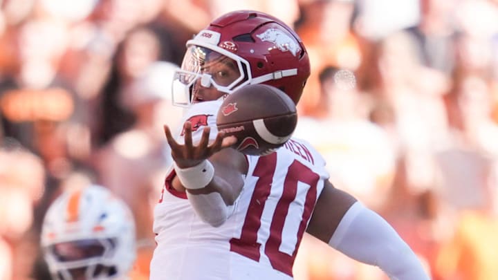 Arkansas quarterback Taylen Green (10) fumbles the ball on a tackle by Tennessee defensive lineman Jordan Ross (29) in an NCAA college football game on Oct. 11, 2025, in Knoxville, Tenn. Arkansas quarterback Taylen Green (10) fumbles the ball on a tackle by Tennessee defensive lineman Jordan Ross (29) in an NCAA college football game on Oct. 11, 2025, in Knoxville, Tenn.