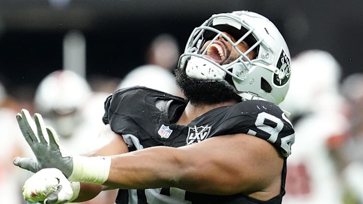 Sep 29, 2024; Paradise, Nevada, USA; Las Vegas Raiders defensive tackle Christian Wilkins (94) celebrates after getting a sack against the Cleveland Browns during the third quarter at Allegiant Stadium. Mandatory Credit: Stephen R. Sylvanie-Imagn Images Sep 29, 2024; Paradise, Nevada, USA; Las Vegas Raiders defensive tackle Christian Wilkins (94) celebrates after getting a sack against the Cleveland Browns during the third quarter at Allegiant Stadium. Mandatory Credit: Stephen R. Sylvanie-Imagn Images