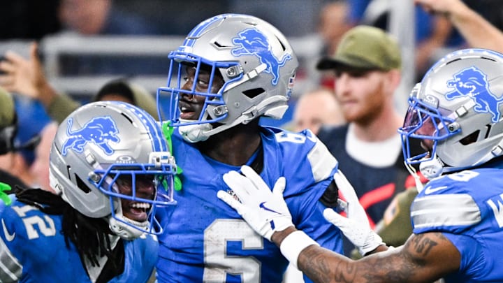 Detroit Lions cornerback Terrion Arnold (6) celebrates an interception in the second quarter against Vikings
