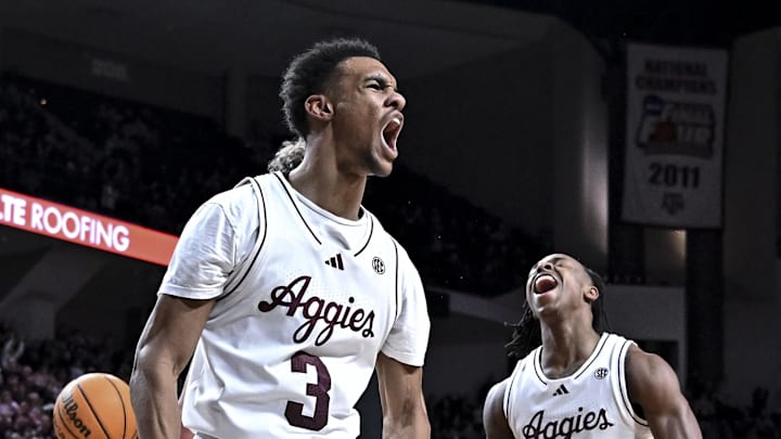 Jan 24, 2026; College Station, Texas, USA; Texas A&M Aggies guard Rylan Griffen (3) reacts during the first half against the South Carolina Gamecocks at Reed Arena. Mandatory Credit: Maria Lysaker-Imagn Images 
