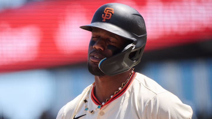 May 19, 2024; San Francisco, California, USA; San Francisco Giants designated hitter Jorge Soler (2) reacts after striking out against the Colorado Rockies during the fifth inning at Oracle Park. Mandatory Credit: Robert Edwards-Imagn Images