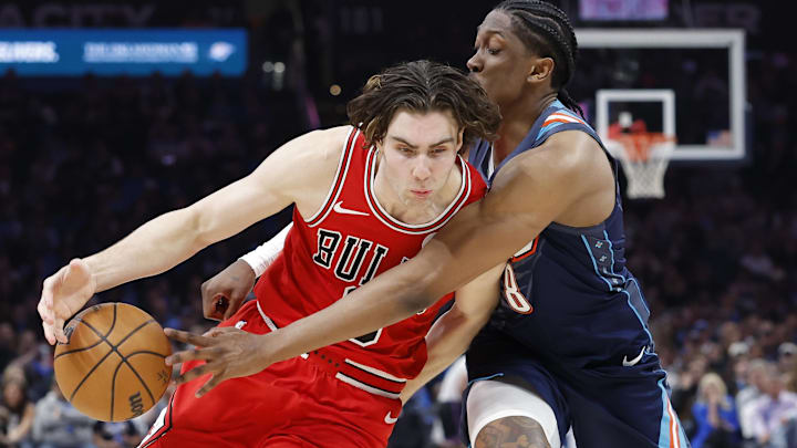 Mar 27, 2026; Oklahoma City, Oklahoma, USA; Oklahoma City Thunder guard Jalen Williams (8) knocks the ball loose as Chicago Bulls guard Josh Giddey (3) drives down the court during the second half at Paycom Center. Mandatory Credit: Alonzo Adams-Imagn Images