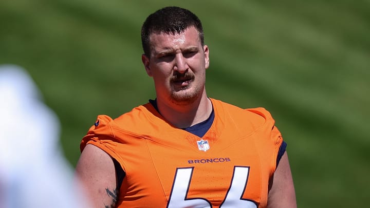 May 23, 2024; Englewood, CO, USA; Denver Broncos guard Nick Gargiulo (66) during organized team activities at Centura Health Training Center. 