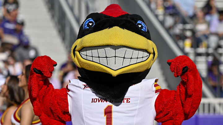 Nov 8, 2025; Fort Worth, Texas, USA; The Iowa State Cyclones mascot poses for a photo during the game against the TCU Horned Frogs at Amon G. Carter Stadium. Nov 8, 2025; Fort Worth, Texas, USA; The Iowa State Cyclones mascot poses for a photo during the game against the TCU Horned Frogs at Amon G. Carter Stadium.
