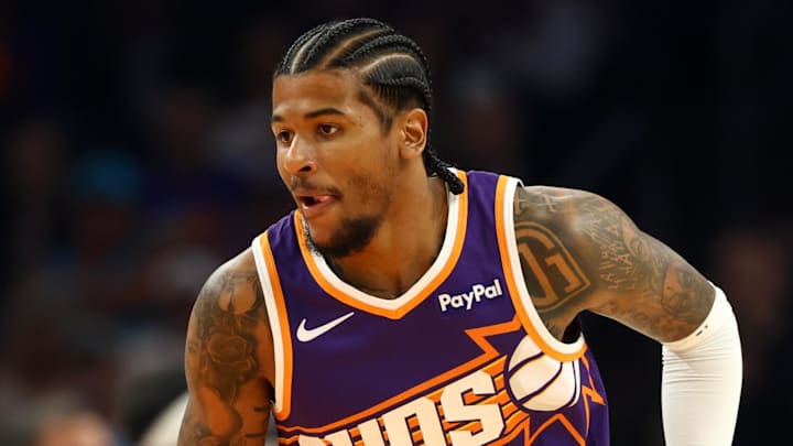 Jan 30, 2026; Phoenix, Arizona, USA; Phoenix Suns guard Jalen Green (4) against the Cleveland Cavaliers in the first half at Mortgage Matchup Center. Mandatory Credit: Mark J. Rebilas-Imagn Images