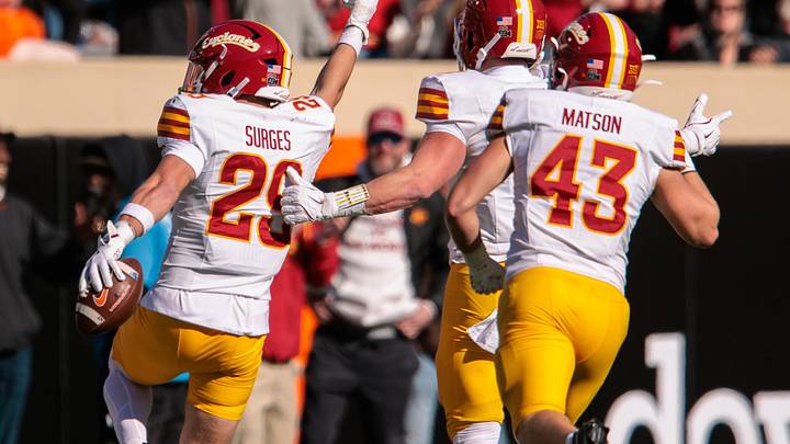 Nov 29, 2025; Stillwater, Oklahoma, USA; Iowa State Cyclones defensive back Drew Surges (29) and defensive back Caden Matson (43) celebrate after an interception during the second half against the Oklahoma State Cowboys at Boone Pickens Stadium. Nov 29, 2025; Stillwater, Oklahoma, USA; Iowa State Cyclones defensive back Drew Surges (29) and defensive back Caden Matson (43) celebrate after an interception during the second half against the Oklahoma State Cowboys at Boone Pickens Stadium.