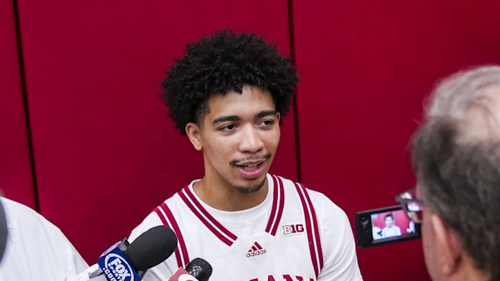 Sept. 18, 2024, Bloomington, IN, USA; Indiana Hoosiers guard Myles Rice answers a question during IU men’s and women’s basketball media day at Simon Skjodt Assembly Hall. Grace Smith/USA TODAY Network via Imagn Images
Sept. 18, 2024, Bloomington, IN, USA; Indiana Hoosiers guard Myles Rice answers a question during IU men’s and women’s basketball media day at Simon Skjodt Assembly Hall. Grace Smith/USA TODAY Network via Imagn Images