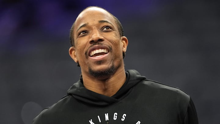 Mar 22, 2025; Sacramento, California, USA; Sacramento Kings forward DeMar DeRozan (10) before the game against the Milwaukee Bucks at Golden 1 Center. Mandatory Credit: Darren Yamashita-Imagn Images