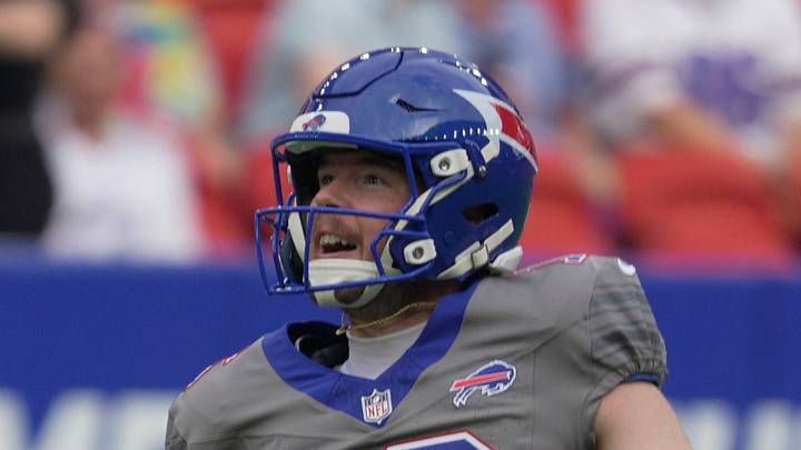 Kicker Tyler Bass reacts to a kick he made before Return of the Blue and Red practice at Highmark Stadium in Orchard Park on Aug. 8, 2026.