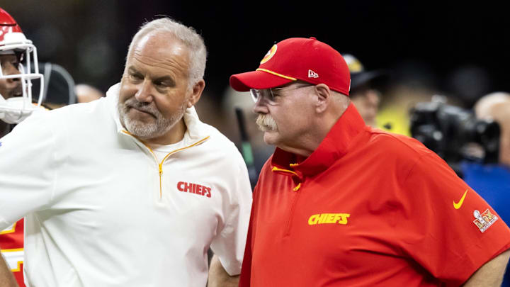 Feb 9, 2025; New Orleans, LA, USA;  Kansas City Chiefs special teams coordinator Dave Toub (left) with head coach Andy Reid against the Philadelphia Eagles in Super Bowl LIX at Ceasars Superdome. Mandatory Credit: Mark J. Rebilas-Imagn Images
