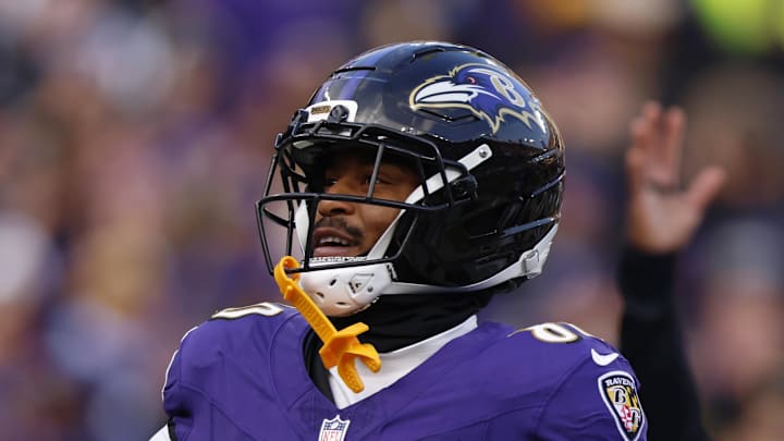 Baltimore Ravens tight end Isaiah Likely reacts after scoring a touchdown.
